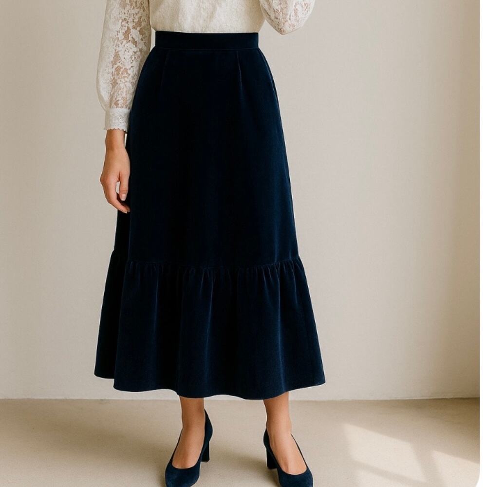 Vintage Gunne Sax Blue Velvet Boho Cottage Core Peasant Hippie Maxi Skirt XS